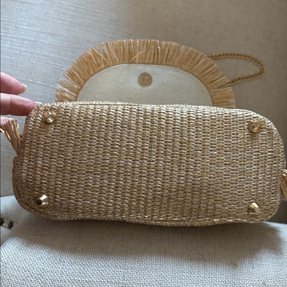 NWT Tommy Bahama Woven Straw & Shimmer Gold Fringe Bag w/Bamboo Handle - Picture 5 of 8